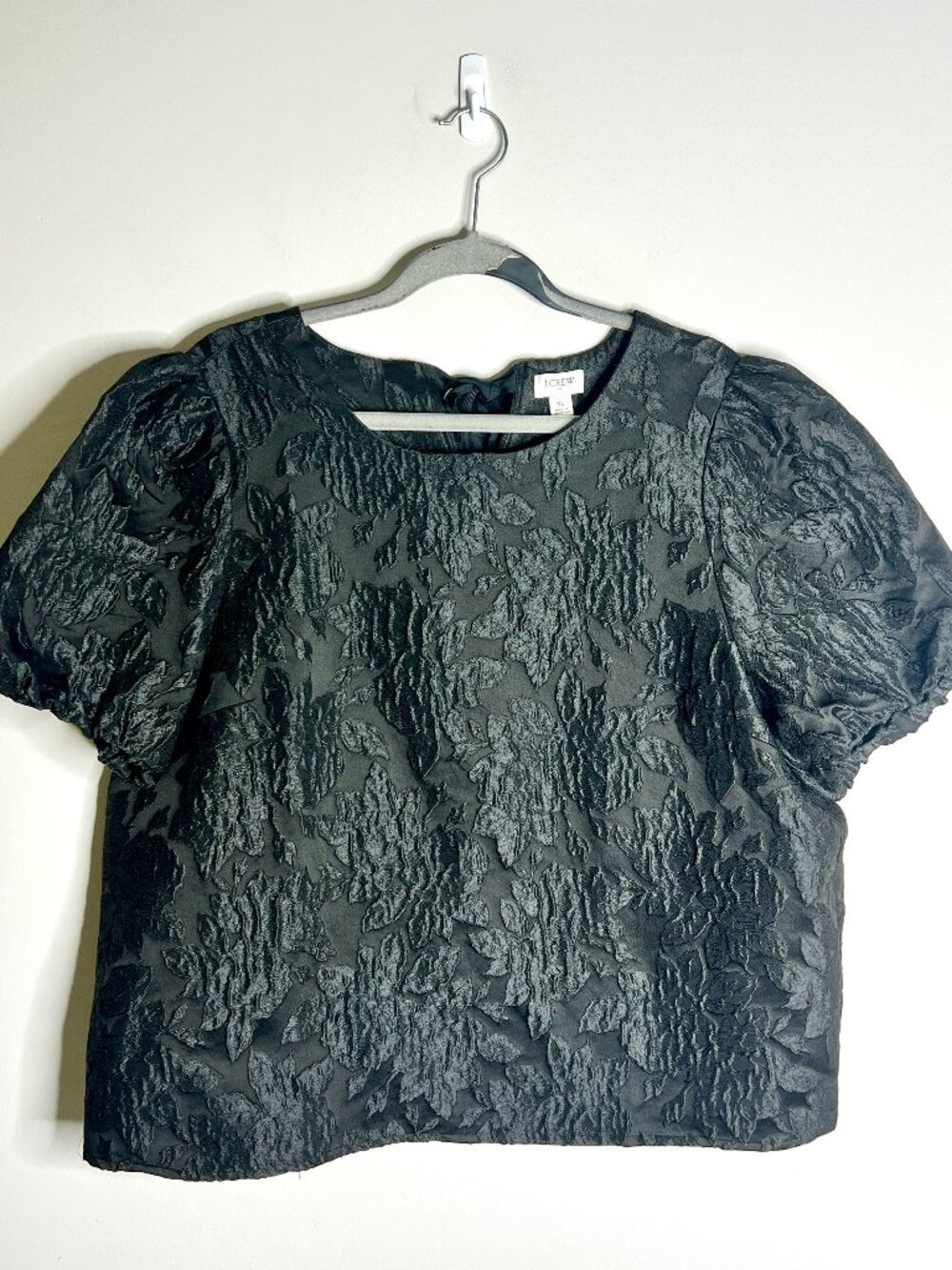 J. Crew Black Floral Jacquard Puff-Sleeve Top Whimsigoth Party Witchy Sz XL